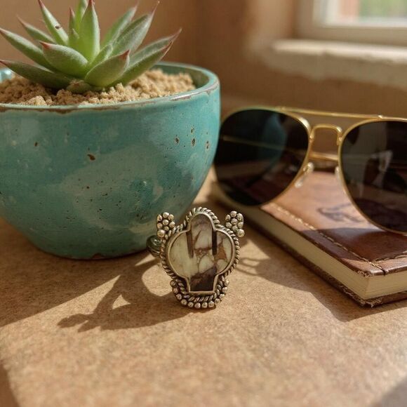 Western Purple Dahlia Turquoise Cactus Boho Statement Ring Sterling Silver Sz 6 - Picture 2 of 8